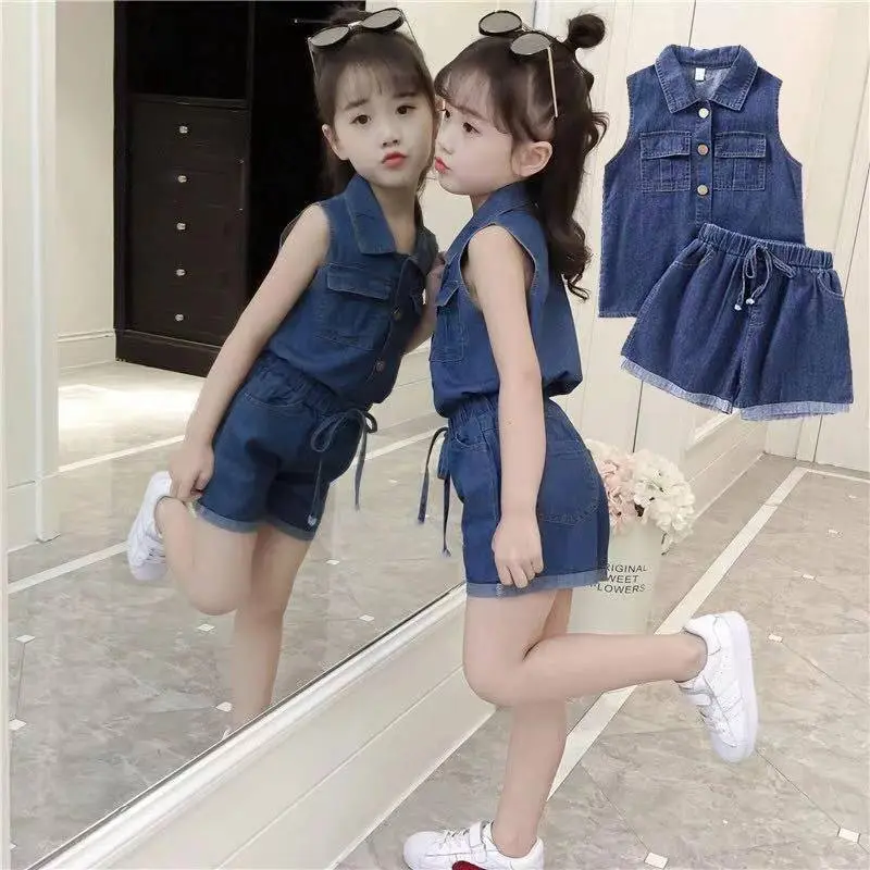 [58% Repurchase Rate] Girls' Suit New Summer Clothes Fashionable Korean Style Fashionable Children's Clothes Fashionable Denim Shorts Two-Piece Set Fashionable Clothing