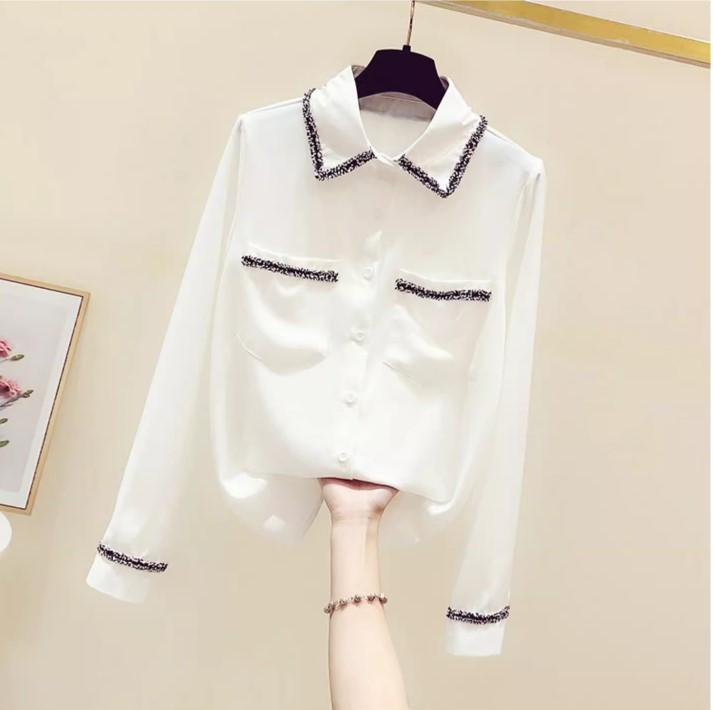 Áo sơ mi nữ họa tiết vải voan lụa mặc mát không nhăn, màu trắng họa tiết viền đen sang chảnh, hàng qccc 0