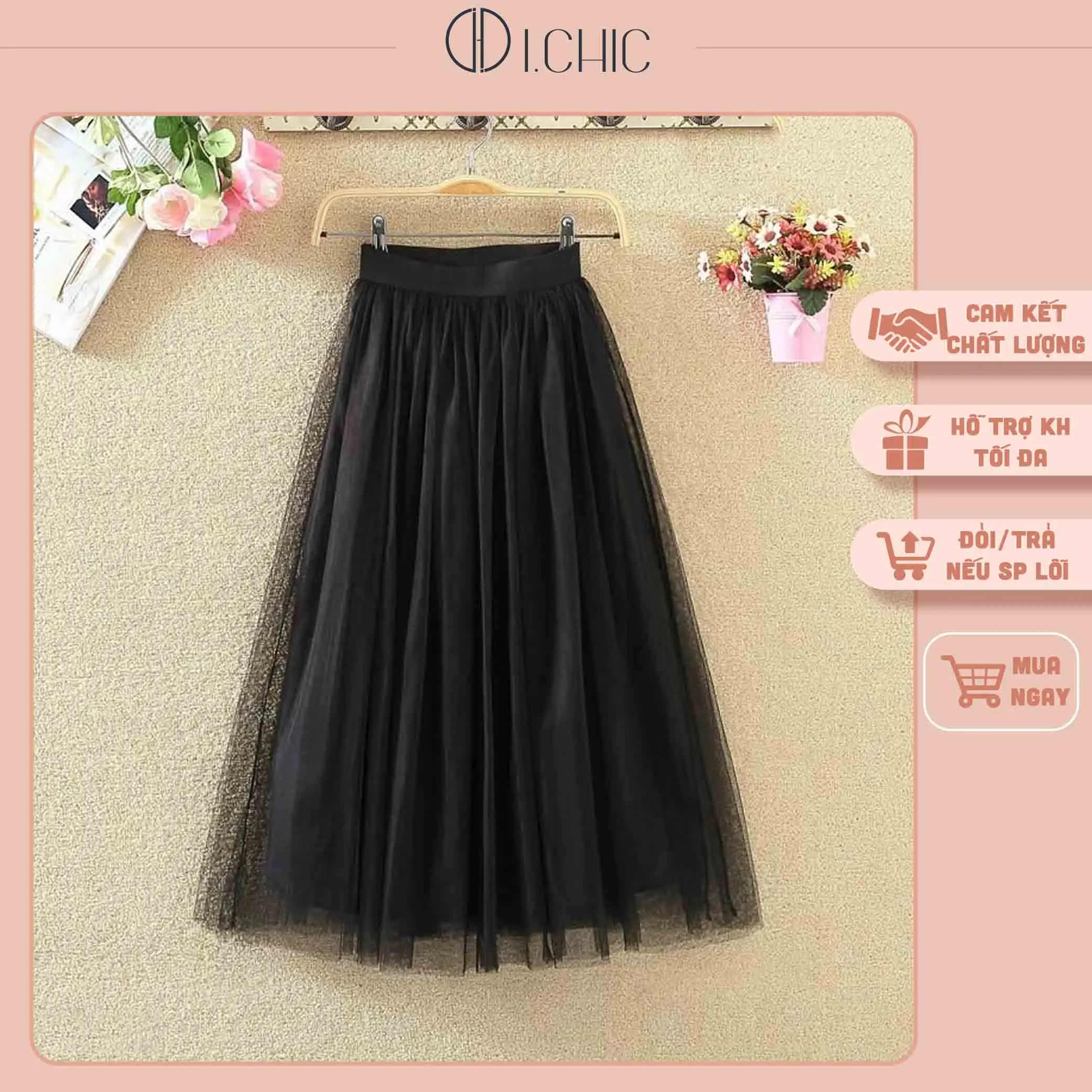 ICHIC - Chân váy CV004 dập ly dài qua gối 3 lớp lưới bồng bềnh