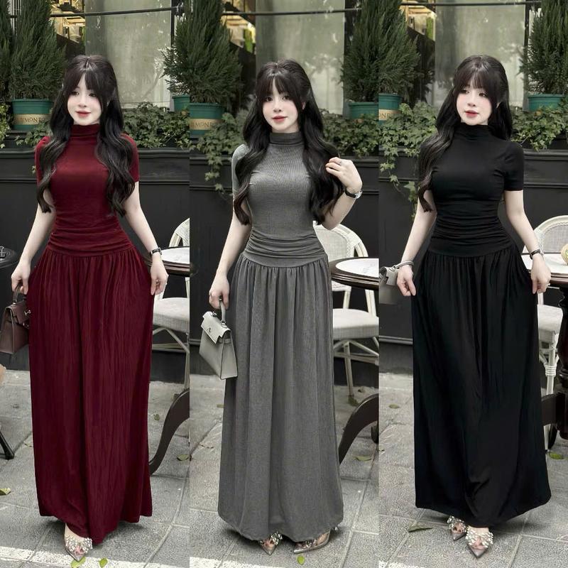 SM - Đầm dáng xòe dài cổ cao tay ngắn nhún eo có khóa kéo che bụng che eo - Thun gân lạnh ACL644 Váy boby , váy body nữ tôn dáng , váy xinh , váy đi tiệc , váy đi biển