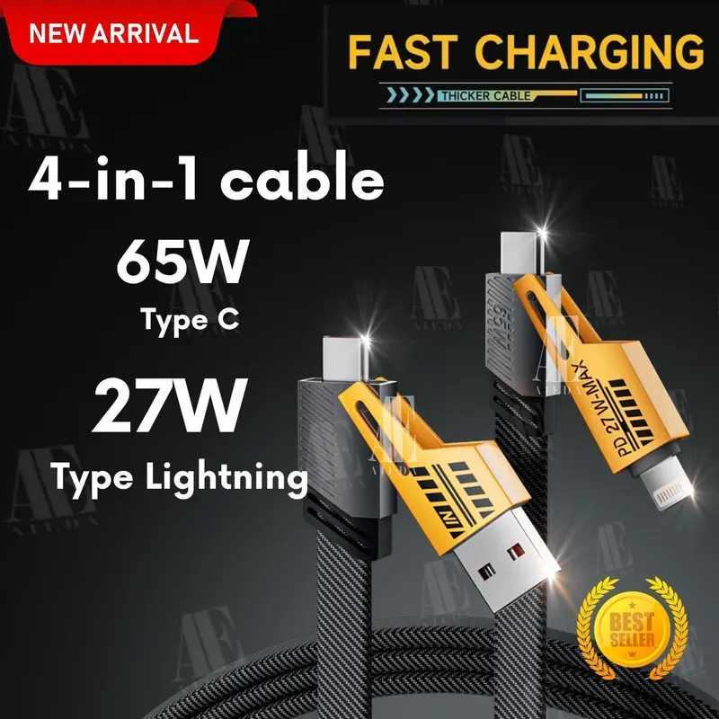 AiEda - Kabel Charger Data 4 in 1 Convertible Metal Fast Charge Cable 65W 3.9 ft Kabel TYPE C & Lightning/Iphone (Tidak Untuk Micro/Usb) Panjang 100Cm 8