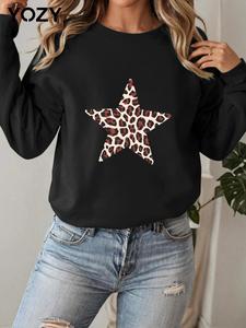 YOZY Women's Leopard Star & Letter & Figure & Bow Print Drop Shoulder Pullover, Fashion Casual Long Sleeve Crew Neck Sweatshirt for Daily Holiday Outdoor Wear, Women Clothing for Fall & Winter