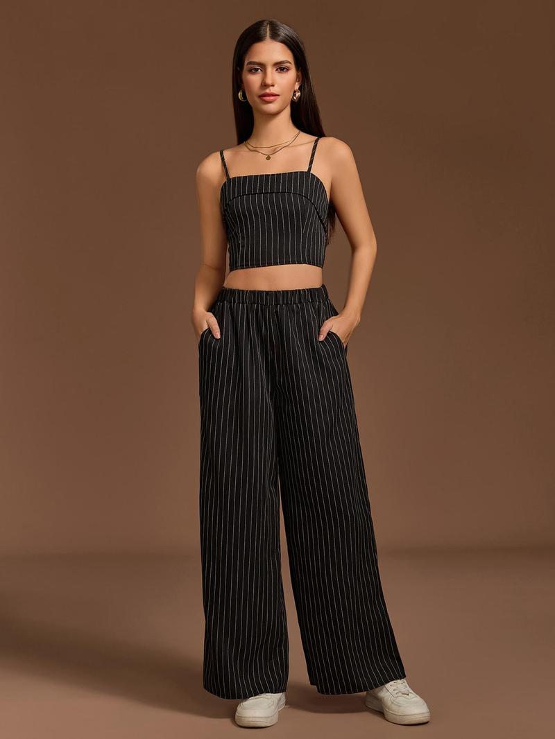 Product Introduction of YOZY Women's Striped Print Button Front Blazer & Cami Top & Elastic Waist Pants Set, Long Sleeve Lapel Neckline Outerwear & Sleeveless Top & Wide Leg Trousers, Casual Women's Three-piece Outfits for All Seasons, Valentine's Day Outfit 14