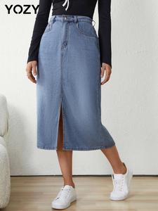 YOZY Women's Button Pocket Split Hem Denim Skirt, Casual Fashion Midi Skirt for Daily Outdoor Wear, Women's Bottoms for Fall & Winter