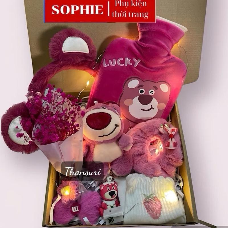 (SẴN HCM) Hộp quà tặng phụ kiện tóc Losto cho nữ - Gồm gấu dâu, lược, kẹp, cài tóc Women