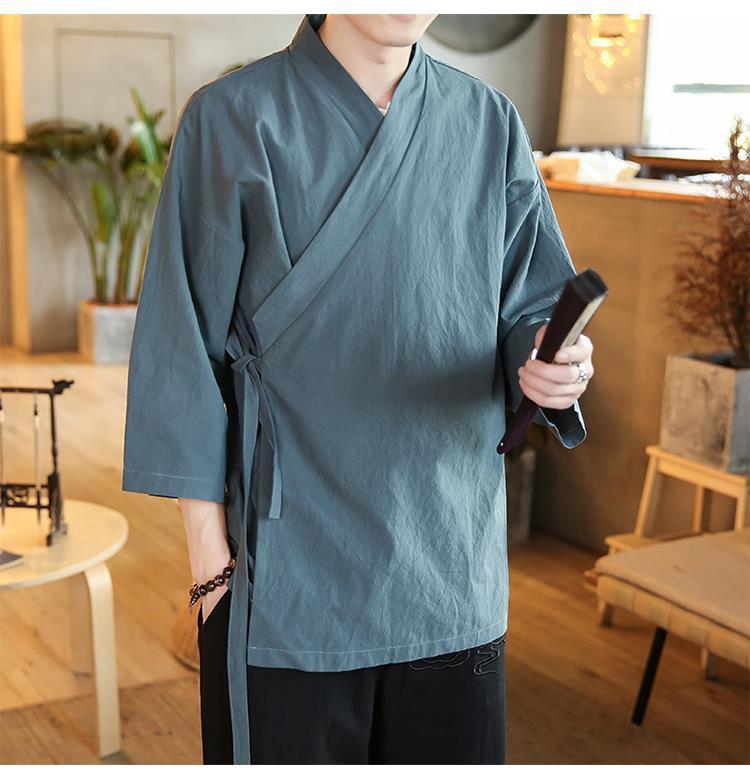 Product Introduction of Quần Áo Ba Phần Tư Tay Áo Cho Nam, Áo Có Ve Áo Mùa Hè Phong Cách Trung Quốc, Quần Áo Phật Giáo Thiền Lay, Quần Áo Trà Phong Cách Cổ Xưa, Áo Choàng Vải Lanh Cotton 20