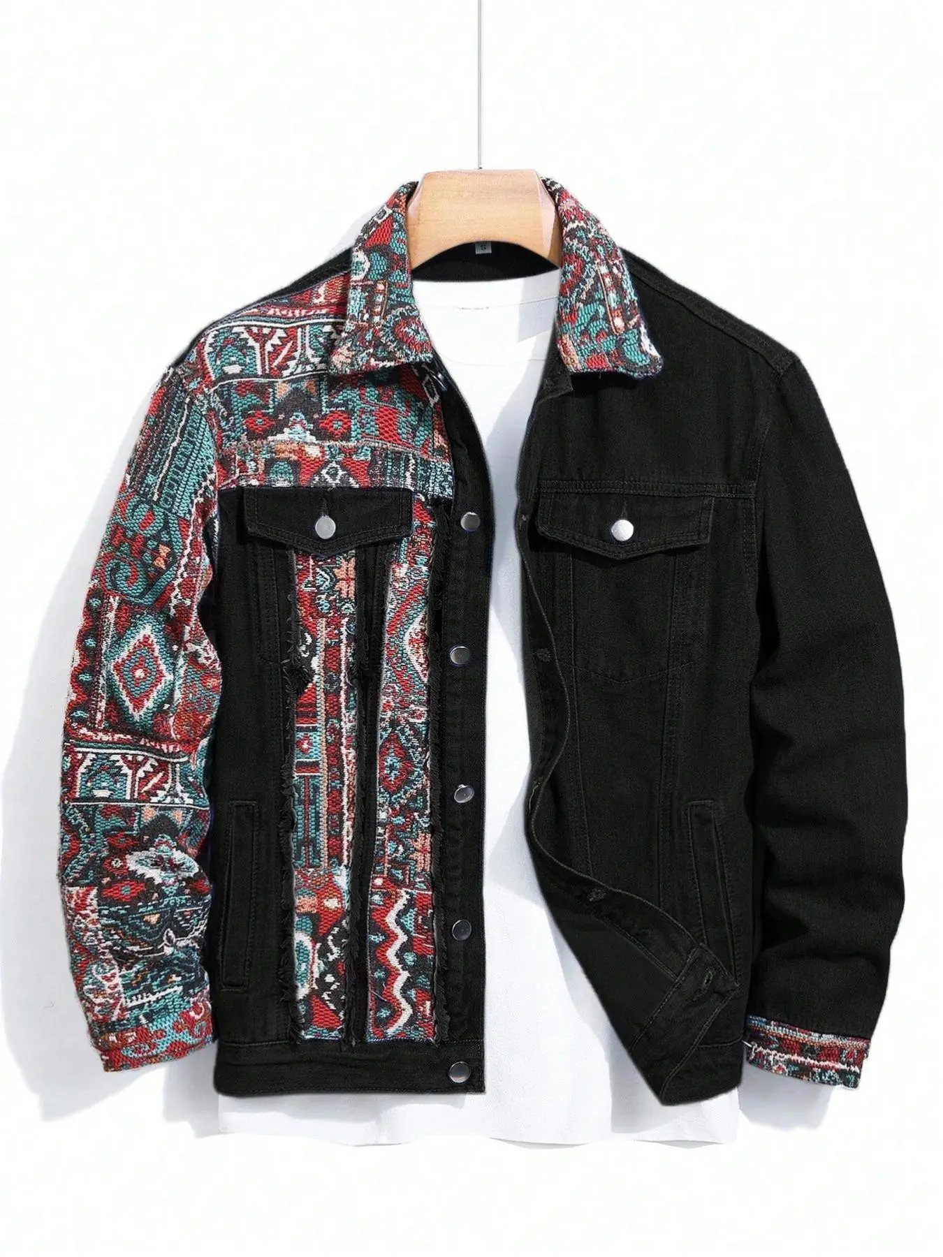 Men's Ethnic Pattern Embroidery Denim Jacket, Loose Casual Long Sleeve Button Front Outerwear for Spring & Fall, Fashion Men's Clothes for Daily Wear, Cotton