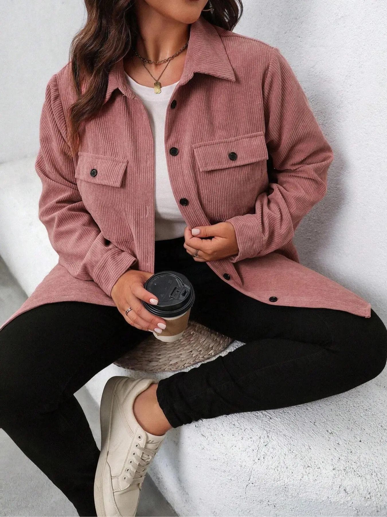 [Plus Size]Solid Button Front Pocket Corduroy Jacket, Casual Long Sleeve Collared Outerwear for Fall & Winter, Women's Clothes for Daily Wear