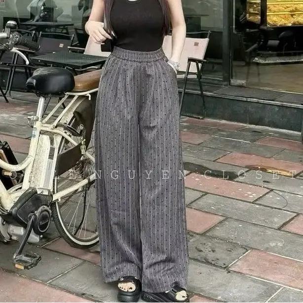 Quần dài ống rộng kaki lụa in tim nhỏ phối sọc lưng chun mát mẻ unisex nam nữ 2