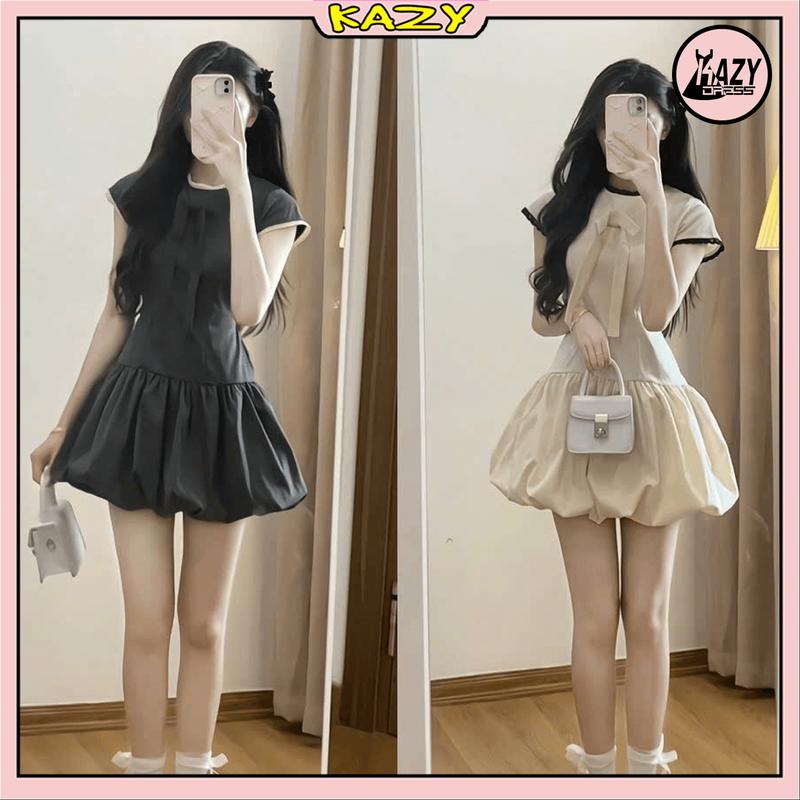 Váy dáng bí phối ren nơ buộc dây trước ngực có quần bảo hộ bên trong, Đầm dáng bí phong cách HQ, tiểu thư V106 KAZYDRESS