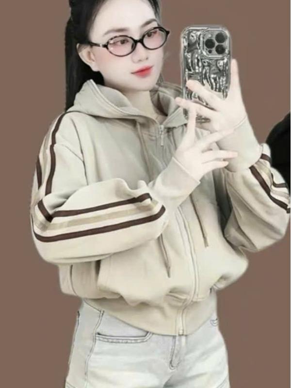  ÁO KHOÁC NỈ TAY PHỐI VIỀN SỌC CÓ NÓN DÂY KÉO CÔ CAO CHỐNG NẮNG NHIỀU MÀU THỜI TRANG Hoodie Nữ Top Women 