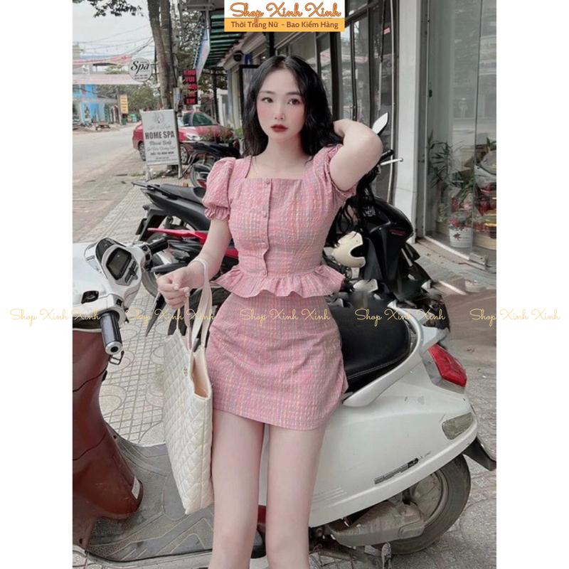 Product Introduction of Sét Bộ Đồ Nữ, Set Áo Chân Váy Kẻ Hồng, Set Váy Áo Kẻ Hồng Cổ Vuông Tay Phồng Mix Chân váy chữ A cùng tông hồng nữ tính 14