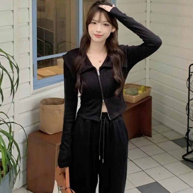  Bộ đồ nữ thu đông 2 món áo + quần suông form đẹp chất gân tăm khóa 2 chiều xịn dày dặn sang trọng. 