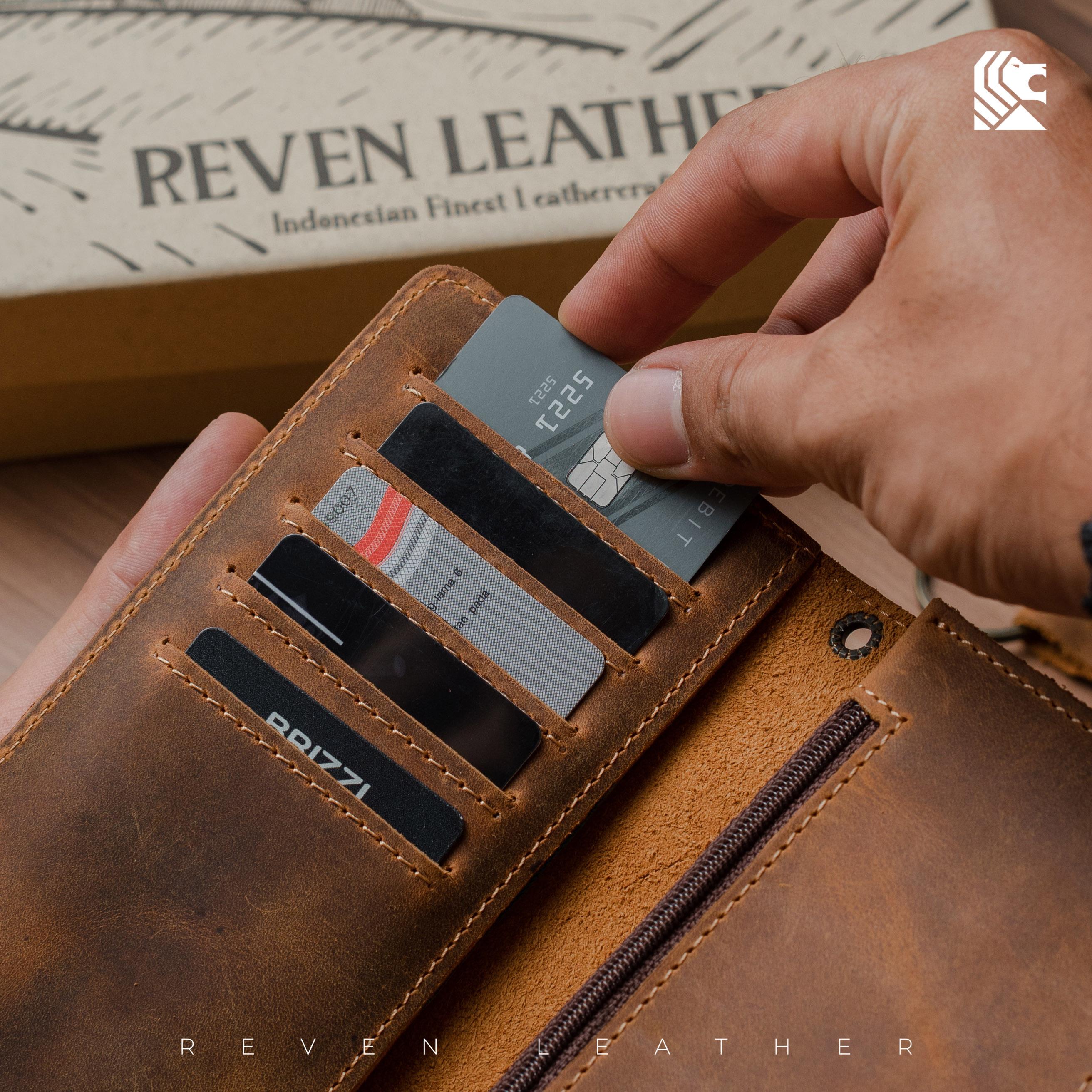 REVEN Bontage Dompet Panjang Lipat 2 Pria Kulit Asli Crazy Horse Klasik Keren Total 9 Slot Ruang Koin Resleting Kancing Klip Pouch HP Rantai Pengaman Untuk Motoran Gaya Cowok