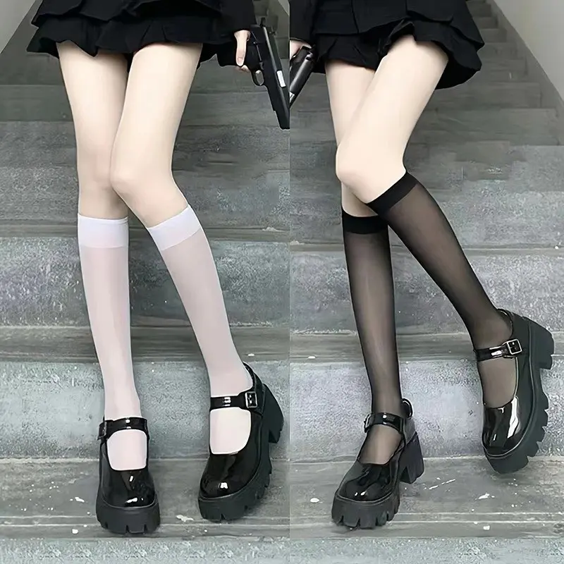 Tất Cao Đến Đầu Gối Đùi Cho Nữ, Hàng Mới Về, 1 / 2 Đôi, Phong Cách Lolita, Ren Ngọt Ngào, Tất Dài, Màu Đen Và Trắng, Quần Legging Bó Sát, Thích Hợp Cho JK, Mỏng Và Trong Suốt, Tất Bắp Chân 5