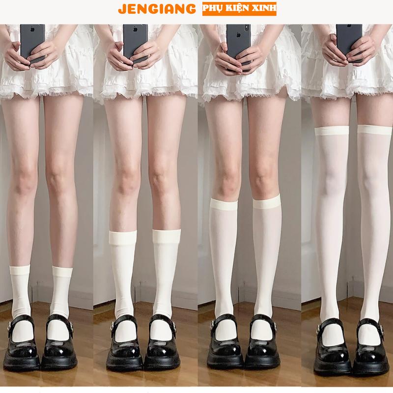 Tất nữ màu trơn đen trắng Jengiang 4 chiều dài cao cổ qua gối dày mỏng phong cách lolita cosplay học sinh Nhật Bản Women