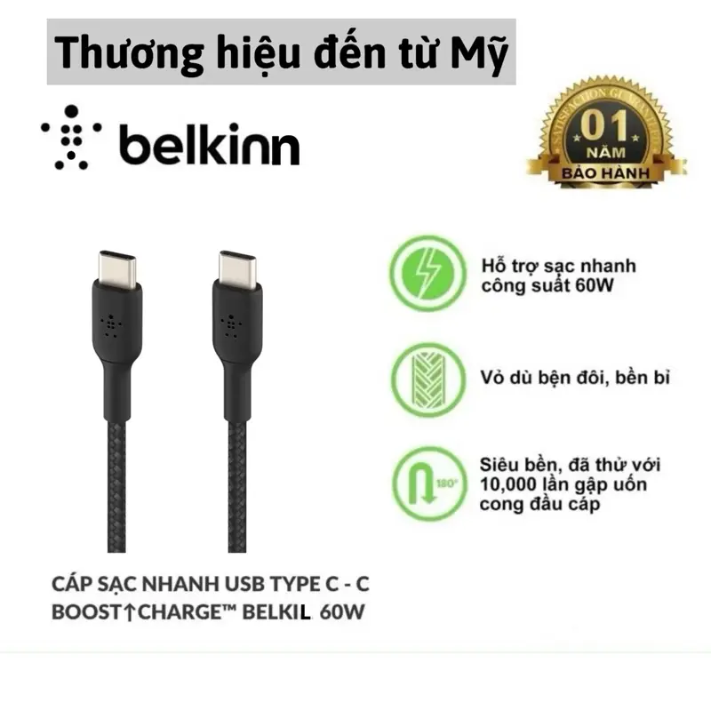Dây sạc nhanh ip 15-16 - SS - Macbook -laptop Belkinn BOOST CHARGE Braided USB-C to USB-C 1m - ZIN chính hãng - 60W - Bảo hành 12 tháng dây