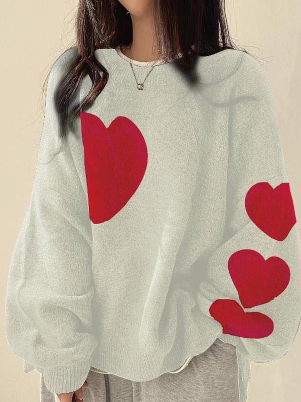 【Plus Size】 Colorblock Heart Pattern Crew Neck Sweater, Casual Chic Long Sleeve Pullover Jumper for Daily Outdoor Wear, Women Plus Clothing for Fall & Winter 6