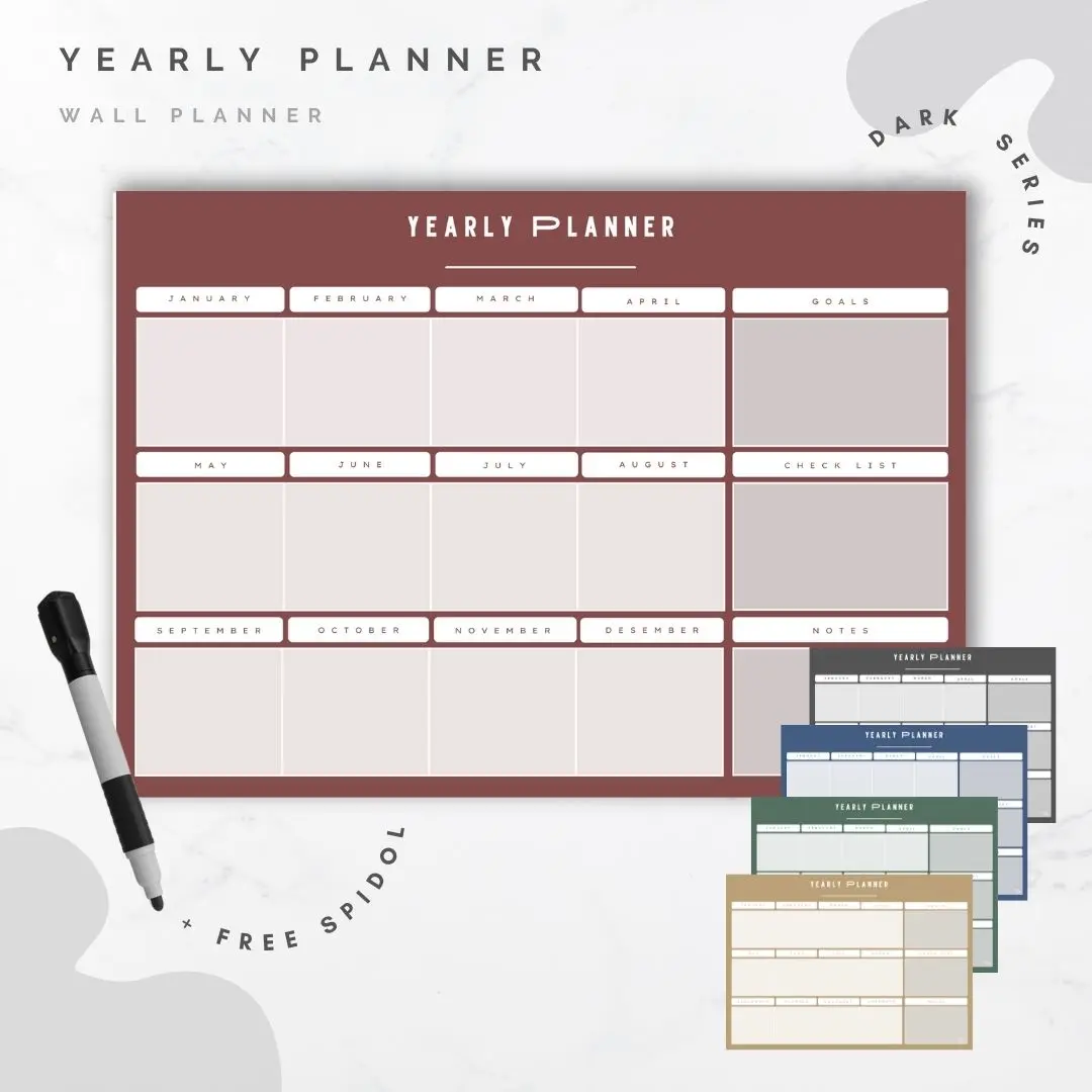 Wall Planner Solucine - Dark Series - Yearly Planner / Monthly Planner / Weekly Planner / Daily Planner / Meal Planner / Habit Tracker / Study Planner / To do List / Shopping List