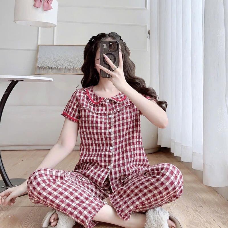 (38kg-68kg) Đồ bộ kẻ sọc quần dài cho Nữ, cổ sen phối ren vải kẻ lông mềm hàng thiết kế phối bèo bigsize Women Top Áo Quần Ngủ 2