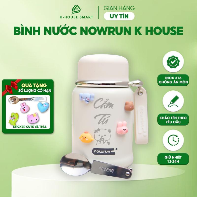 Bình giữ nhiệt Nowrun K House Smart dung tích lơn 780ML, bình nước thể thao inox 316 cao cấp có nắp cốc, quai xách