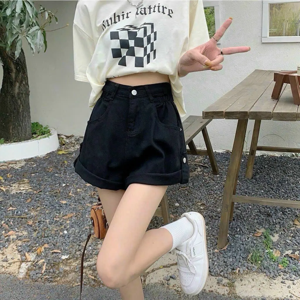 (Q001) Quần short kaki jean lật lai, quần short nữ lưng cao ống rộng