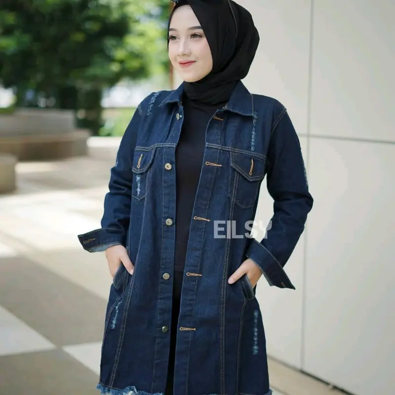 Blazer Panjang Jeans Wanita Oversize Hitam - Outer, Linen, Atasan, Denim, Casual, Cewek 0