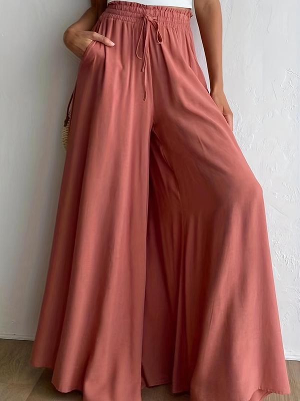 Women's Plain Pocket Drawstring Paper Bag Waist Wide Leg Pants, Casual High Waist Trousers for Fall, Back To School Pants for Women, Women's Bottoms for Daily Wear, Fall Outfits, Fallfreshness, Womenswear 6