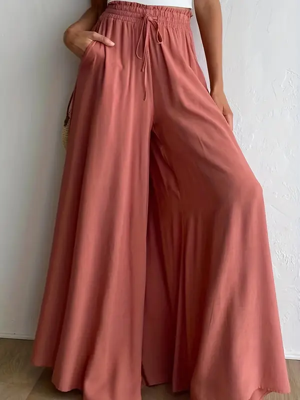 Women's Plain Pocket Drawstring Paper Bag Waist Wide Leg Pants, Loose Casual High Waist Trousers for Fall, Back To School Pants for Women, Women's Bottoms for Daily Wear, Womenswear 6