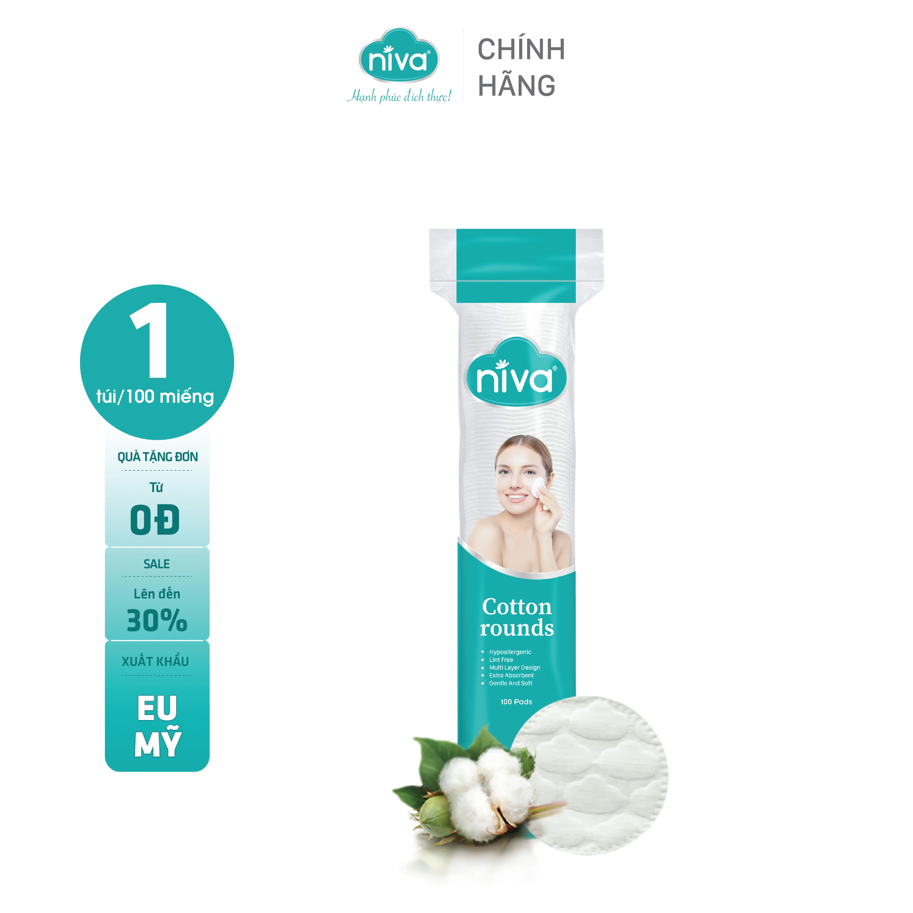 Túi 100 Miếng Bông Tẩy Trang Tròn NIVA Cao Cấp Cz2 Bông Tự Nhiên 100% Tặng 2 Túi Tăm Bông Người Lớn AZ2 Cosmetic