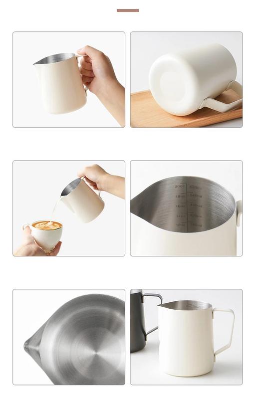 Product Introduction of Coffee Milk Frothing Pitcher Jug 304 Stainless Steel With Scale Latte Steam Coffee Paint Process Kitchen Cafe Accessories 21