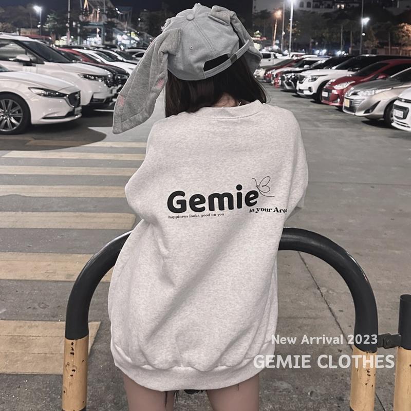Áo sweater / Áo hoodie nỉ bông GEMIE nam nữ form rộng (có bo chun) unisex tay bồng, hoodies oversize form thụng ulzzang Women Top thông thường màu hồng a ot dày áo hoodie  nữ