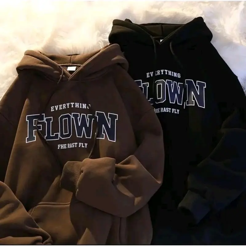 Baju Sweater Hoodie Flown Atasan Jumper Korea Style Hudi Topi Musim Dingin Fleece Printing Wanita Tangan Sablon Tebal Panjang