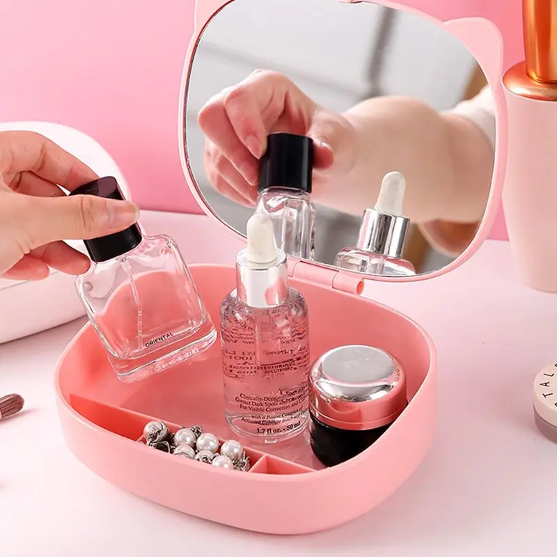 Cat Ear Design Makeup Mirror, 1 Count Foldable Desktop Makeup Mirror with Storage Box, Cute Cartoon Mirror for Women & Girls, Makeup Tool for Travel 2