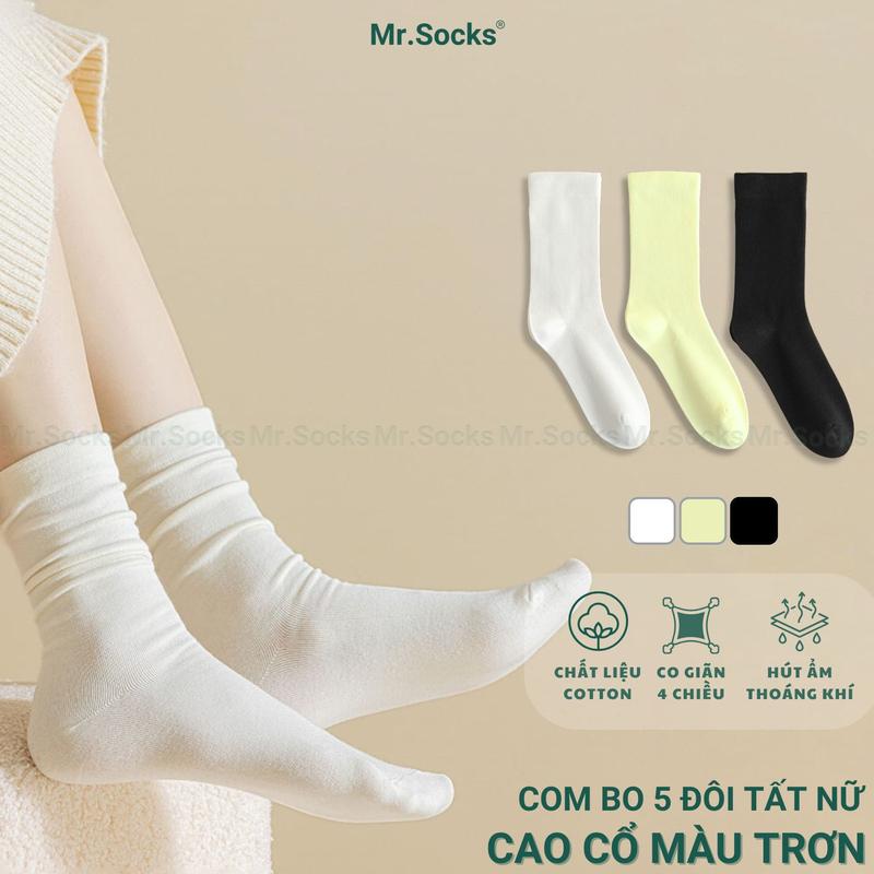 Combo 5 đôi tất nữ cổ cao Mr.Socks mẫu trơn basic, vớ chân cotton mềm mại -AJ-2508-5DOI