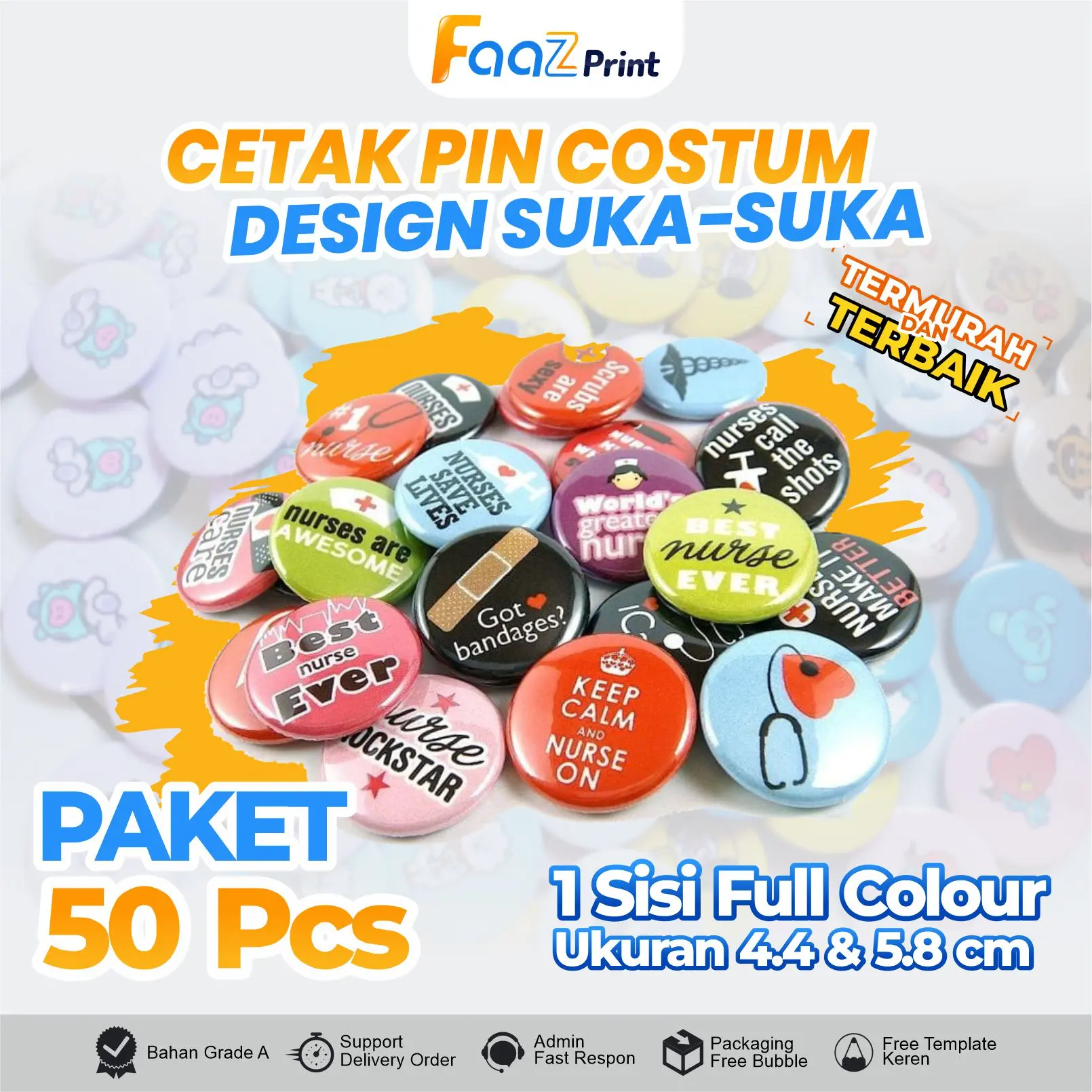 [PAKET 50 PCS | 1 HARI] JADI PIN CUSTOM 4.4 dan 5.8 cm DESAIN SESUKA HATI TERMURAH Hitam Putih
