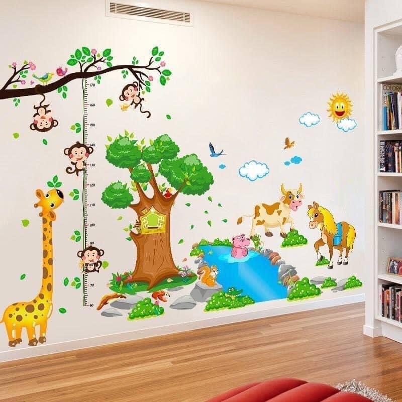 Combo dán tường thước đo và thú qua sông idako 3d sticker