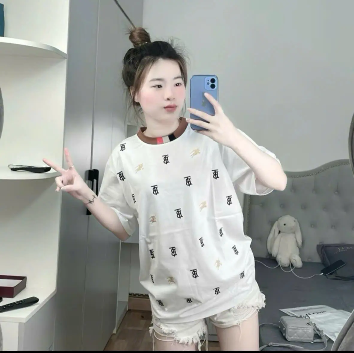 áo phông thụng nam nữ thêu ngựa, cổ bo đệt phối màu