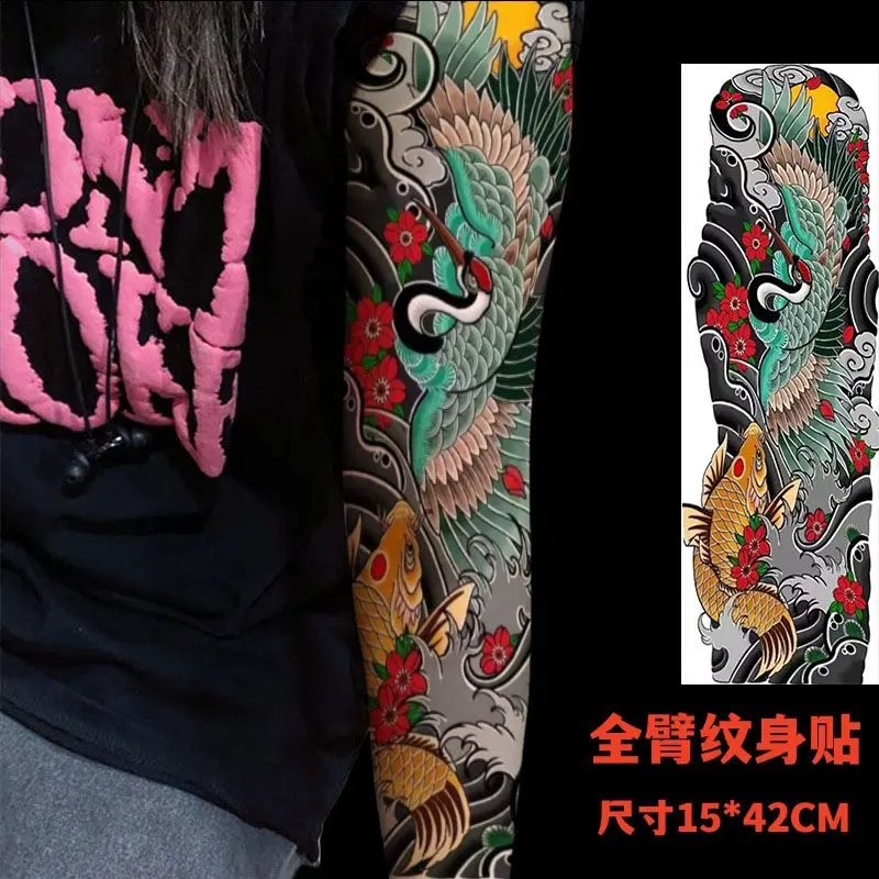 Miếng Dán Hình Xăm Cánh Tay, Thiết Kế Mồi Cần Cẩu Toàn Bộ Cánh Tay, Hoa Anh Đào, Hình Xăm Hoa Lớn, Thích Hợp Cho Chân Nam Và Nữ, In Phanh, Không Thấm Nước Và Bền, Thực Tế, Chống Mồ Hôi