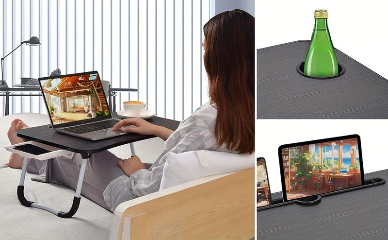 Product Introduction of Laptop bed desk tray holder with cup holder/drawer, used for bed/sofa/sofa/study/reading/writing on low living room floor, large portable foldable lap table bed holder, used for dining and laptop 1