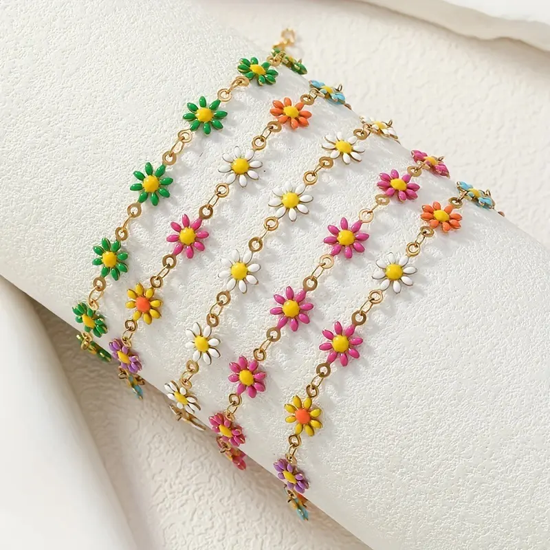 Gelang Bunga Daisy Retro dengan Lukisan Tangan - Aksesori Fashion dari Stainless Steel Bracelet