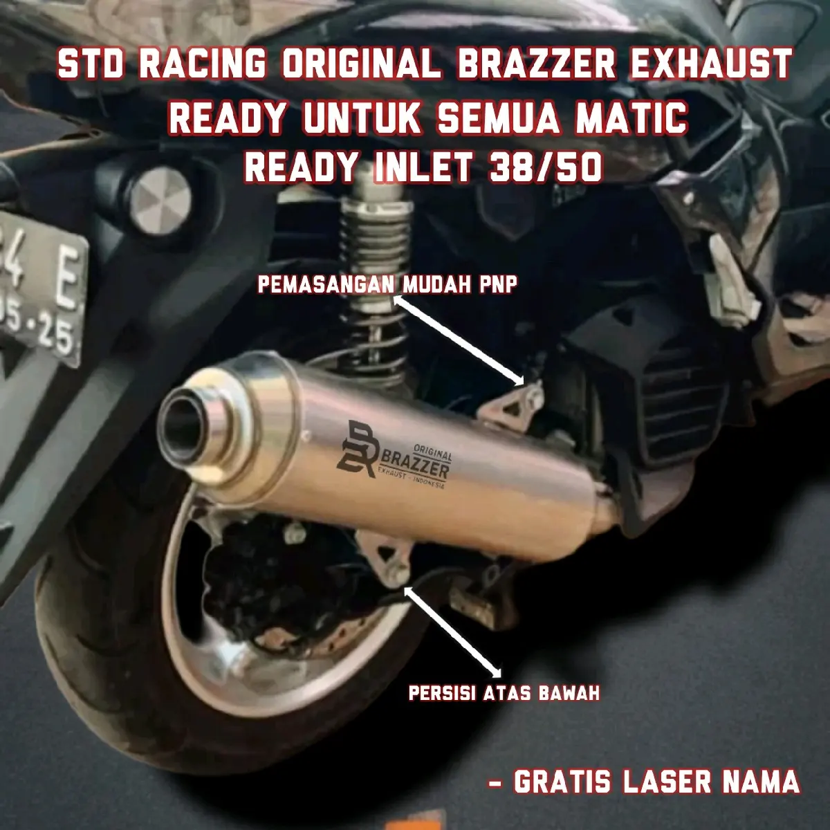 Knalpot standar racing inlet 38mm Nmax old Nmax New Aerox old Aerox new Pcx Vario Xmax Beat Scoopy Fazzio Lexi Filano Mio M3 Mio gear mio sporty smile soul gt X-RIDE Beat deluxe beat karbu beat esp fi Scoopy new fullsystem