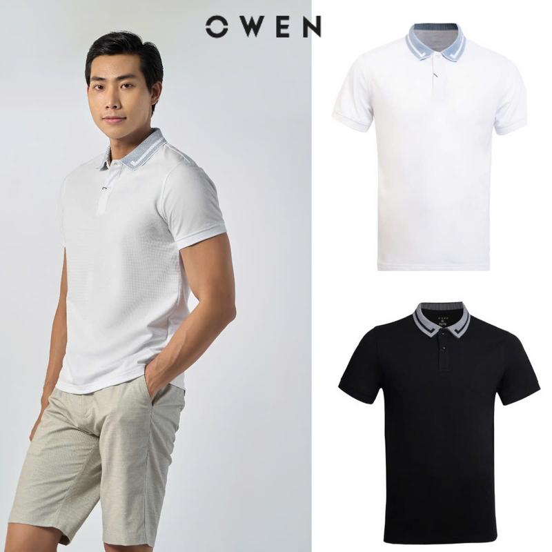 OWEN - Áo Polo nam Owen kẻ sọc cổ hai màu ĐEN TRẮNG  - Áo thun nam ngắn tay có cổ