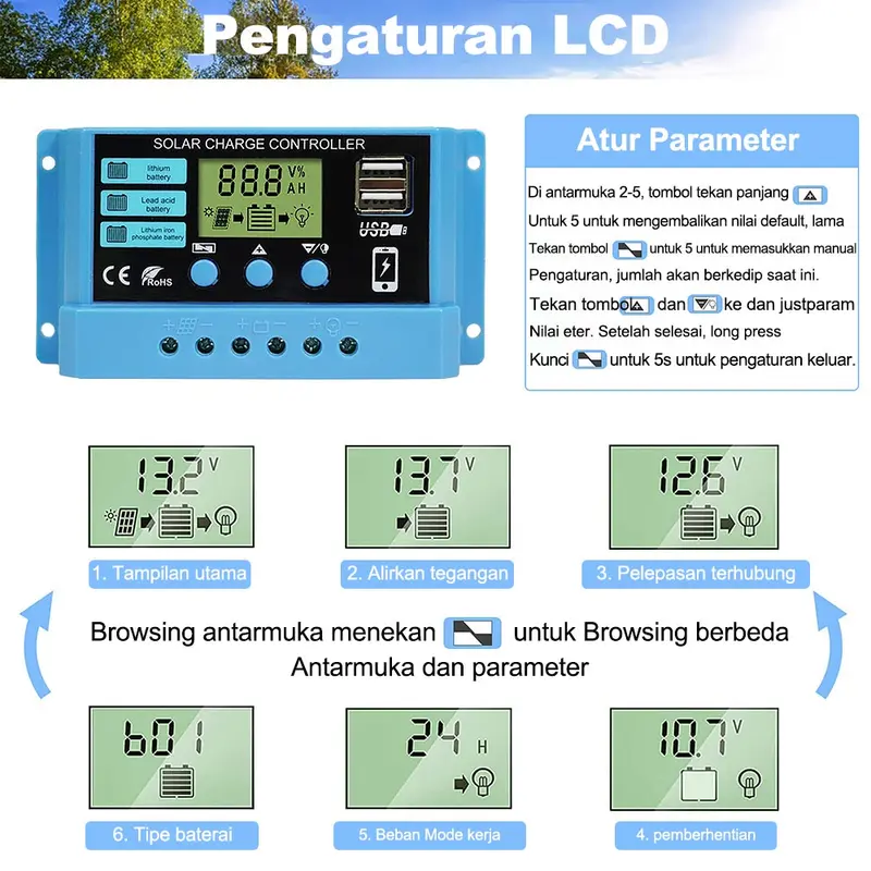 Pengontrol Pengisi Daya Surya Tampilan LED LCD PWM Surya 12V/24V 10A 20A 30A Panel USB Pengisi Daya Surya 1