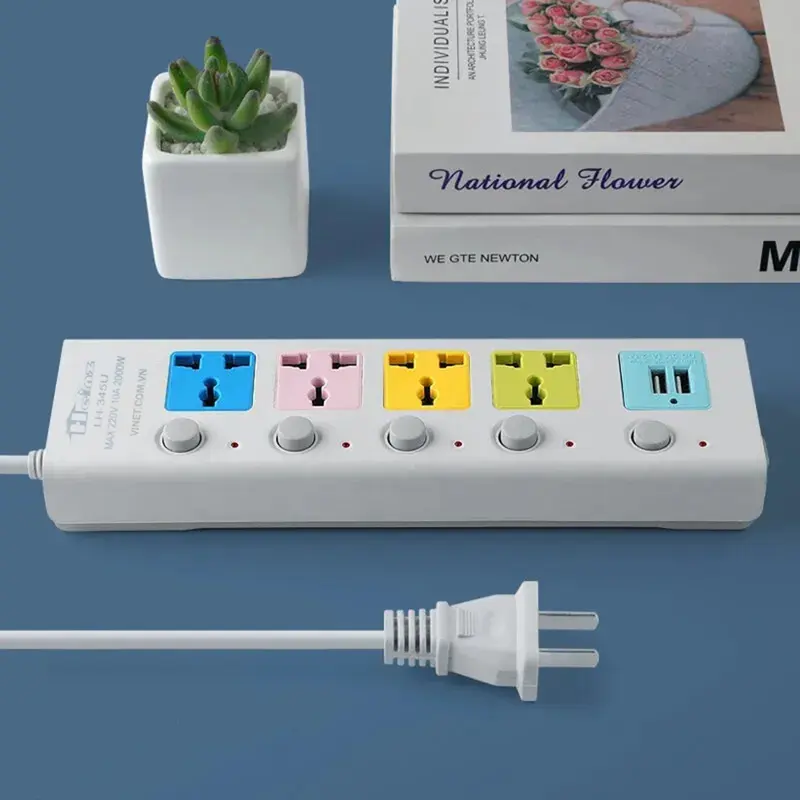 Ổ cắm điện đa năng thông minh kèm 2 cổng sạc USB đa năng và 4 lỗ cắm, Dây Cáp Dày Chất Lượng Cao 5
