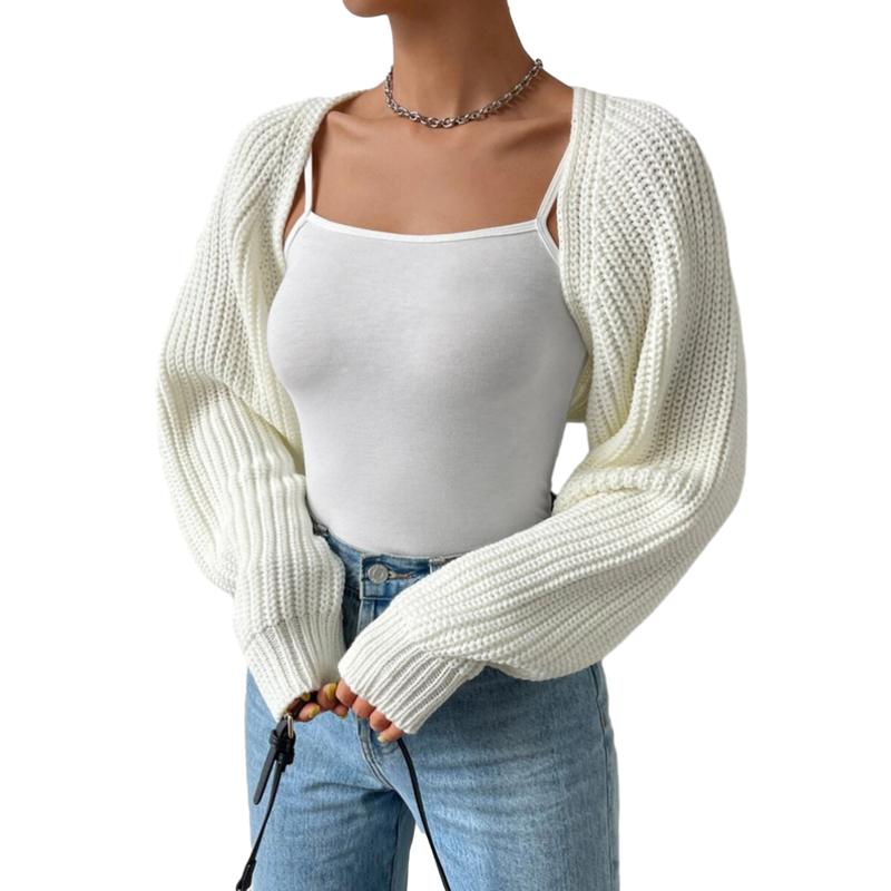 Women's Open Front Cropped Cardigan Long Sleeve Solid Color Ribbed Knit Shrug Sweater Bolero Tops 8