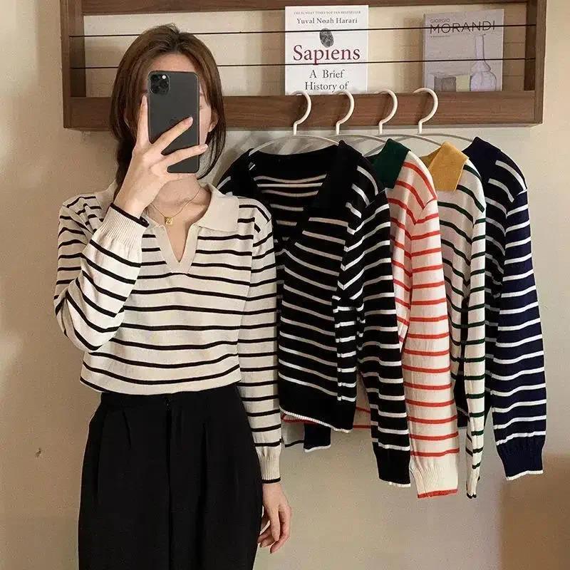 Áo Len Dệt Kim, Thiết Kế Cổ Chữ V Sọc, Tay Dài 0