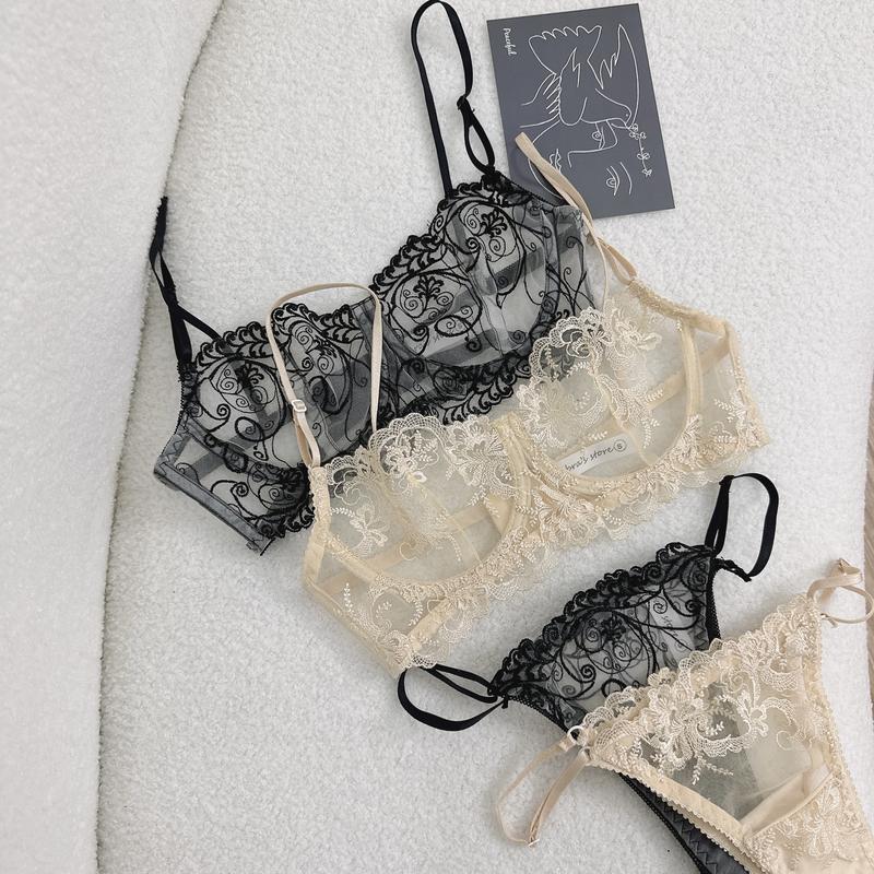 Bộ Đồ Lót Ren Hoa Thêu Có gọng Không mút, Quần Lót Nữ Dây Hông A38