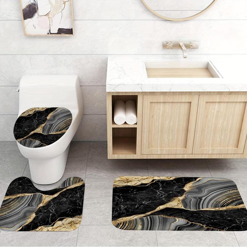 Product Introduction of Marble Pattern Bathroom Curtain & Floor Mats Set, 4 Counts Anti-slip & Waterproof Shower Curtain with Hooks, Exquisite Decor for Bathroom, Home Decor Set 8