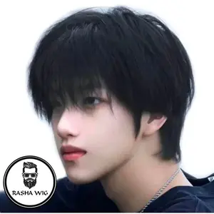 Wig Pria Korea Rambut Pendek Dengan Poni Panjang Rambut Palsu Pria Warna Hitam Model Cowok Korea Daily Wig Rambut Pendek